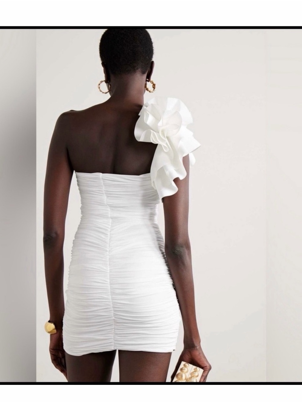 One-Shoulder White Ruffle Ruched Mini Dress - Picture 2 of 8